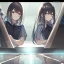 Placeholder: anime girl is looking at her reflection in the mirror.the reflection is distorted