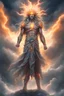 Placeholder: full body picture of a "god of the weather" who has long hair made of clouds. he also has glowing orange eyes that look like they're 2 suns. his body is made out of storm clouds with bits of lightning inside, his body also has glowing orange cracks all over it that look like they're made of the sun. he has greek god clothes on that are completely made of ice. his clothes also have an icy look to them as they shine in the sun