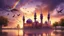 Placeholder: Hyper Realistic Orange & Purple Mosque with Brown Minarets riverside at beautiful cloudy sunset & Rainbow with birds flying showing dramatic & cinematic ambiance