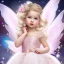 Placeholder: fantasy baby fairy with luminous wings, smiling, make up, long platinum blond hair with crown and flowers, pink dress