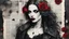 Placeholder: Vampire". Collage. Beautiful portrait in charcoal and ink. Mixed media. Newspaper clippings, photographs, love letters, roses. Magazine style. Raindrops. Dark. Detailed. Alcohol ink. Worn texture. Crisp focus. Inked outlines. Hints of bright colors. Authors: Katherine Welz-Stein and Sam Toft