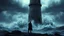 Placeholder: surreal collage, dark colors, Hiányzik a régi énem. A lone figure, silhouetted against a stormy, turbulent sea, stands at the base of a colossal, decaying lighthouse. Their form is indistinct, conveying a sense of internal struggle and isolation. The scene is rendered with extreme detail, focusing on the weathered stone of the lighthouse and the violent churn of the waves. The style is dark sci-fi concept art, with a gritty, desaturated color palette and dramatic, chiaroscuro lighting,