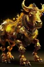 Placeholder: avatar of a bull run left facing, made of jeweled crystals, fierce faces, fire-colored eyes, yellow-brown skin color, wearing yellow armor, full body, quality tall, super realistic, super detailed, full body, armored legs, dramatic lighting, jewelry, fantasy, galaxy, transparent, leaving a trail of gold and diamond, shimmering, fancy, sparkling, Gorgeous, colorful