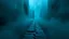 Placeholder: passage over nothingness, surreal, dark and cold abstract artwork dominated by deep blue, icy cyan, charcoal black and muted steel-grey tones. An narrow passageway emerges from an abstract distorted weird landscape, surrounded by thick fog and drifting mist. The space feels nightmare, alien and unsettling, with tiny floating circles and lines geometric forms, black onix column fragmented and unnatural perspectives. At the center of the composition cracked stone way over abyss