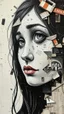 Placeholder: Bosch style painting , A face in details . The texture of the face is a collage of many peace’s of black and white and brown old pictures and newspapers parts sticks on the whloe girls face in a collage style