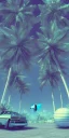 Placeholder: 1980's aesthetic vaporwave palm trees with spheres and ufo