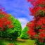 Placeholder: blue sky, red flowers, green trees, purple bushes