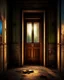 Placeholder: An ancient, weathered door stands in an abandoned house, shrouded in deep, engulfing darkness. The walls are rough and covered in moss and dust, with wooden beams crumbling and floors uneven. The faint light coming from a small particle of the philosopher's stone, placed mysteriously near the door, emits a warm, surreal glow, contrasting with the surrounding darkness. The stone’s light weakly illuminates the nearby area, casting long, eerie shadows. The atmosphere is thick with mystery and tensi