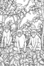 Placeholder: Outline art, no shading, monkeys full body in the garden, cartoon style, black and white, low detail, --ar 9:11