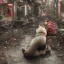 Placeholder: just a distant japanese boy with akita dog, photo from behind, black hair, sitting on floor, akira red jacket with pill in the back, tokyo post apocalyptic, rain, extremely detailed, extremely realistic