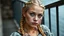 Placeholder: female, blonde hair dutch braids, amber eyes, light green skin, heavy freckles, adult, diamond shaped face, long face, natural hairline, low forehead, rounded eyebrows, pronounced brow ridge, large almond-shaped eyes, slightly wide-set eyes, button nose, low cheekbones, full lips, pointed chin, hourglass body shape, voluptuous build, average muscle definition, tall, proportionally small bust, BREAK, leaning against railing, (Contrapposto pose), (picture should crop around the knee level so that