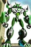 Placeholder: A new space creature from Ben 10 cartoon. Strong and graceful. Advanced metal. Magical power, precise detail and intense power Add "full body view" as a prefix. Use an aspect ratio (dimensions) that is mor vertical (3:4 vs 4:3), move the camera back ("extreme long range view"), move camera upward rather than being at hip height ("high angle view" or "eye-level view"). Describe her shoes or stance, as well as what you see over her head