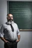 Placeholder: half figure shot photography of a turkish bearded chubby shirtless barechested 44 years old professor in thick glasses, big shoulders, manly chest, standing by completely writed blackboard , front view from the ground, photorealistic, ambient occlusion, side light