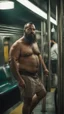 Placeholder: full figure photography of an ugly dirty arab burly muscular chubby stocky strong man 47 years old with raided beard, shaved hair,, manly chest, hairy , ajar mouth, photorealistic ,shirtless, bulging shorts, side light, inside a crowded subway station , neon lights