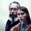 Placeholder: a young woman sitting next to a 50-year-old man with beard, portrait, 8K, close-up face, anatomically perfect face, Highly detailed stunning full frame portrait, misty and cloudy atmosphere