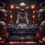 Placeholder: DJ of the damnded, insanely detailed DJ booth in hell, MID set, speakers and equipment made of bone, anatomically correct, add more skulls in th audience, photorealism, vray, 8k 3d