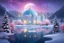 Placeholder: magnificent palace with golden dome, in the snow, bright,in the foreground icy lake of turquoise water,in front of the lake in the foreground, beds of very delicate pink and yellow flowerss, magical and magical atmosphere, in the background snowy mountains, dark blue sky with stars, light particles and a small planet, stars in the sky, pink fir trees,