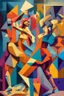 Placeholder: people, dancing, cubist painting, oil in canvas, splash, rust, geometric shapes, colorful, retro, iconic