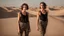 Placeholder: beautiful anorexic caucasian female technician, black tank top, well toned muscles, weathered face, scratched sand camo metal details, short brunette wavy bob haircut, dystopian, desert scene, using a handheld sensor