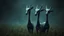 Placeholder: A dark fantasy, scifi theme, from four herd of gentle herbivorous creatures with long necks, one large central eye little two ears on head and a separate small, soft herbivore mouth, rounded bodies and dark gray-green skin, standing in a misty grassy landscape with deep colors and many plants,. Curious, slightly uncanny expressions, photorealistic, cinematic atmosphere, realistic skin texture.