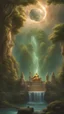 Placeholder: A stunning view of the god Athena as she plays a heavenly banyan in her temple on the emerald waterfall. It is decorated with stars and planets. And lightning in the form of Zeus in the sky