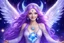 Placeholder: angel cosmic women with long violet hair, light eyes and blue brightness tunic, with a little sweety smile, with big crystal wings, in a background of stars and bright beam in the sky