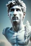 Placeholder: Ultra Realistic image, Roman sculpture, white marble material, Lionel Messi, sun radial crown, chisel style, waist up portrait, epic, celestial, cinematic lighting, God light, god rays, 4k resolution, smooth details, ornate details, soft lighting, unreal engine 5, marble background.