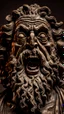 Placeholder: Ceramic style statue all colours are dark of an old church man from the 1200 BC , the head of dead man with thick curly hair and his eyes are open wide and open mouth with rage ,