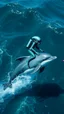 Placeholder: An Alien with diving suits riding on dolphin in the ocean with high waves