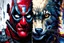 Placeholder: Poster in two gradations, split in half, one side "deadpool", other side "wolfverine", midline of the face, painting by Yoji Shinkawa, tones and colours randoms, , detailed iridescent, metallic, translucent, dramatic lighting, hyper futuristic, digital art,