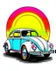 Placeholder: artwork of t-shirt graphic design, flat design of one retro ,volkswagen beetle, colorful shades, highly detailed clean, vector image, photorealistic masterpiece, professional photography, realistic car, simple sunrise backdrop for car, flat white background, isometric, vibrant vector