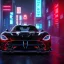 Placeholder: realistic black dodge viper; in an alternate universe in tokyo; cyberpunk; rain; neon signs