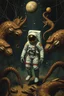 Placeholder: Bosch painting style, an astronaut surrounded by wired large creatures with nets