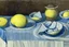 Placeholder: Lemons on a table with a blue napkin, impressionnist oil on canvas by Paul Cézanne, 1887