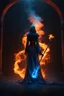 Placeholder: The female Shadow of Death using the staff of destruction. blue fire and orange smoke. fantasy art, Cinematic lighting, Volumetric lighting, Epic composition, octane render