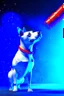 Placeholder: white and orange dog flies to the space with a rocket, in space, realistic, 4k, Cinematic,