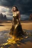 Placeholder: A hyper-realistic photo, beautiful woman laing on ground disintegrating into gold dripping ink and slime::1 ink dropping in water, molten lava, , 4 hyperrealism, intricate and ultra-realistic details, cinematic dramatic light, cinematic film,Otherworldly dramatic stormy sky and empty desert in the background 64K, hyperrealistic, vivid colors, , 4K ultra detail, , real photo, Realistic Elements, Captured In Infinite Ultra-High-Definition Image Quality And Rendering, Hyperrealism,