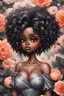 Placeholder: Create an expressive oil painting art image of a curvy black chibi female wearing a grey off the shoulder blouse and she is looking down with Prominent makeup. Highly detailed tightly curly black afro. Background of large peach and grey flowers surrounding her