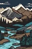 Placeholder: a sticker of a river going through the mountains bob ross style