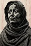 Placeholder: create a deeply powerful tragic, heart wrenching, and evocative, full body woodcut of a raw and weathered young refugee mother with highly detailed and deeply cut facial features, lost in a horrific post apocalyptic Gaza, in the style of KATHE KOLLWITZ , searing lines and forceful strokes