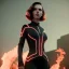 Placeholder: retro sci-fi portrait image from 1960, supermarket parking explosion, fire, classic black widow, young Scarlett Johansson, tight lycra suit, soft color, highly detailed, unreal engine 5, ray tracing, RTX, lumen lighting, ultra detail, volumetric lighting, 3d, finely drawn, high definition, high resolution.