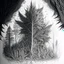 Placeholder: Sketch a composition where intricate smoke patterns transform into a forest of towering trees made entirely of crushed weed leaves, filling the canvas with a surreal and visually captivating asymmetrical patterns. Pencil sketch Drawing