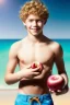 Placeholder: full body image of a beautiful 12 year old boy with long, blonde curly hair and light blue eyes, smiling, shirtless, holding a red apple in his right hand, in front of an distant beach