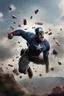 Placeholder: Create a picture of captain america falling from the skye to a pit