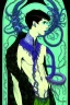 Placeholder: 16 year old boy warlock with milky blue eyes, and 1 lamprey tentacle coming out of his belly in the style of Harry Clarke