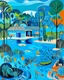 Placeholder: A blue resort on a lagoon designed in Australian aboriginal art painted by Henri Matisse