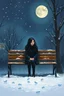 Placeholder: Painting of a lonely young woman with black hair. snowy night. sitting on a park bench. city park. full moon. night time oil painting. expressive brush strokes. solitude