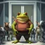 Placeholder: digital illustration of a fantasy and sci-fi setting. A fat anthropomorphic frog with gray-green colors skin wearing human clothes and standing in front of a white-glass modern restaurant door and is facing the camera. a lot of creatures stand back at camera, some like an mutant strong pigs, and others larger tall strong body alien, a bristled mutant, a pig-like creature, mutant alien, a gray anthropomorphic big rhinoceros, alien with big head, creatures looking at frog