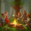 Placeholder: a group of people working on a base in the forest by a campfire in the medieval times, all in pixel art cartoony stile