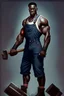 Placeholder: Black man with a muscular stature with a thor like sledge hammer in hand, dressed in overalls